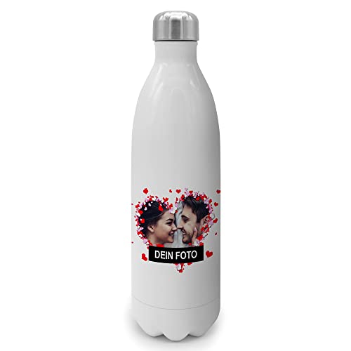 PhotoFancy® - Personalisierte Trinkflasche 'Herzrahmen' - Thermo-Trinkflasche mit eigenem Foto selbst gestalten - Thermosflasche aus Edelstahl - 1000 ml - Layout Herzrahmen von PhotoFancy
