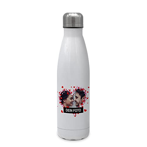 PhotoFancy® - Personalisierte Trinkflasche 'Herzrahmen' - Thermo-Trinkflasche mit eigenem Foto selbst gestalten - Thermosflasche aus Edelstahl - 500 ml - Layout Herzrahmen von PhotoFancy