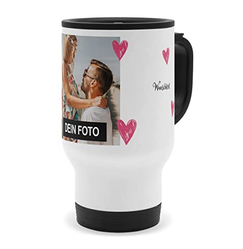 PhotoFancy® - Personalisierter Thermobecher 'Herzen' - Isolierbecher To go mit eigenem Foto und Text selbst gestalten - Layout Herzen von PhotoFancy