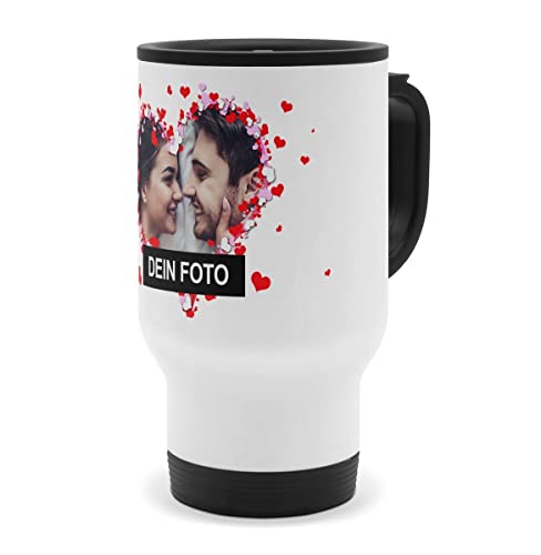 PhotoFancy® - Personalisierter Thermobecher 'Herzrahmen' - Isolierbecher To go mit eigenem Foto und Text selbst gestalten - Layout Herzrahmen von PhotoFancy