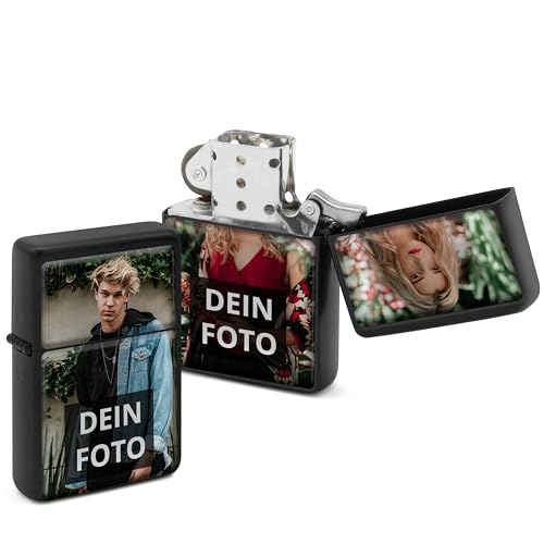 PhotoFancy® - Personalisiertes Sturmfeuerzeug mit eigenem Foto - Feuerzeug mit Foto Bedrucken - Benzinfeuerzeug als Fotogeschenk gestalten - Beidseitig Bedruckt - Farbe: Schwarz von PhotoFancy