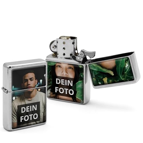 PhotoFancy® - Personalisiertes Sturmfeuerzeug mit eigenem Foto - Feuerzeug mit Foto Bedrucken - Benzinfeuerzeug als Fotogeschenk gestalten - Beidseitig Bedruckt - Farbe: Silber von PhotoFancy