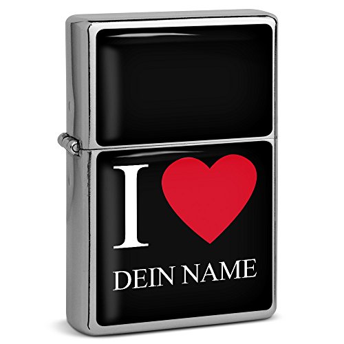 PhotoFancy® - Sturmfeuerzeug Set mit eigenem Namen Bedrucken Lassen - Design I Love - Benzinfeuerzeug mit Doming-Druck inkl. Metall-Geschenkdose von PhotoFancy