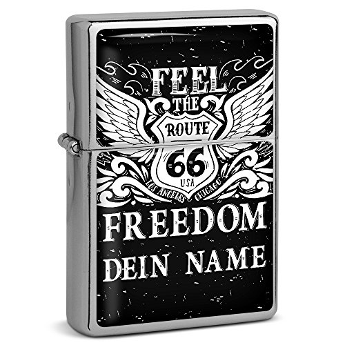 PhotoFancy® - Sturmfeuerzeug Set mit eigenem Namen Bedrucken Lassen - Design Route 66" - Benzinfeuerzeug mit Doming-Druck inkl. Metall-Geschenkdose von PhotoFancy