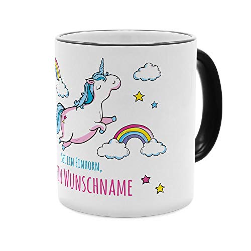 PhotoFancy® Tasse mit Namen personalisiert - Motiv Dickes fliegendes Einhorn individuell gestalten - Farbvariante Schwarz von PhotoFancy