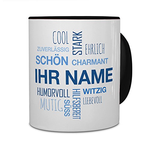 PhotoFancy® Tasse mit Namen personalisiert - Motiv Positive Eigenschaften (Modern) Blau individuell gestalten - Farbvariante Schwarz von PhotoFancy