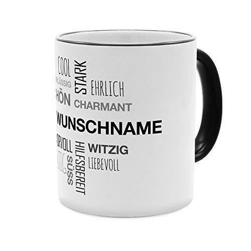 PhotoFancy® Tasse mit Namen personalisiert - Motiv Positive Eigenschaften (Modern) Schwarz individuell gestalten - Farbvariante Schwarz von PhotoFancy