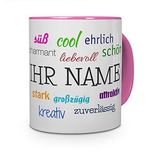 PhotoFancy® Tasse mit Namen personalisiert - Motiv Positive Eigenschaften individuell gestalten - Farbvariante Rosa von PhotoFancy