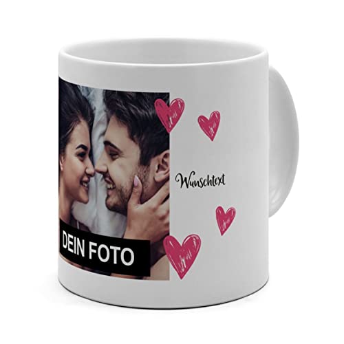 PhotoFancy® - XL Tasse 'Herzen'- Personalisierte Fototasse mit eigenem Foto und Text - Große Tasse selbst gestalten - Jumbo-Becher XL 500 ml - Layout Herzen von PhotoFancy