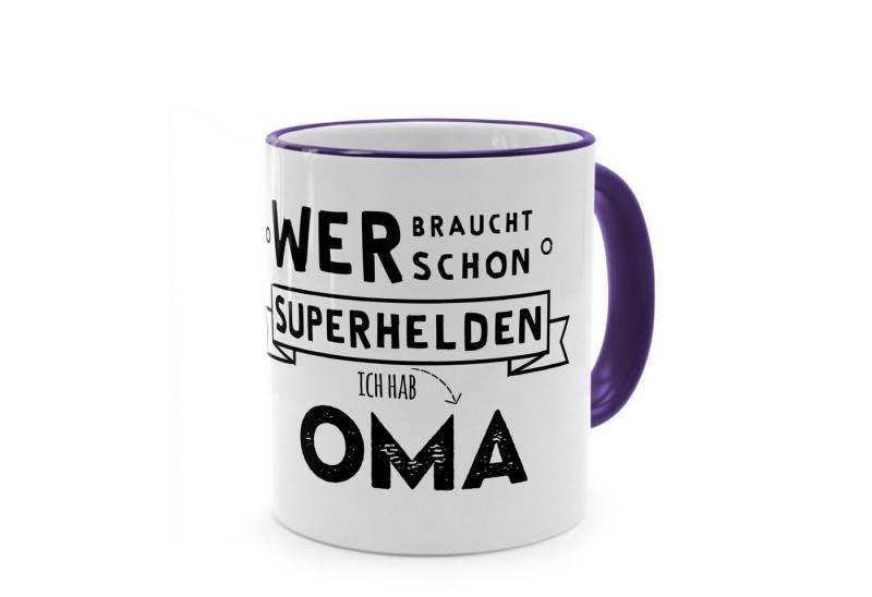 PhotoFancy Tasse mit Spruch 'Wer braucht schon Superhelden - ich hab Oma', Tasse Standard - Henkel & Rand: Blau von PhotoFancy