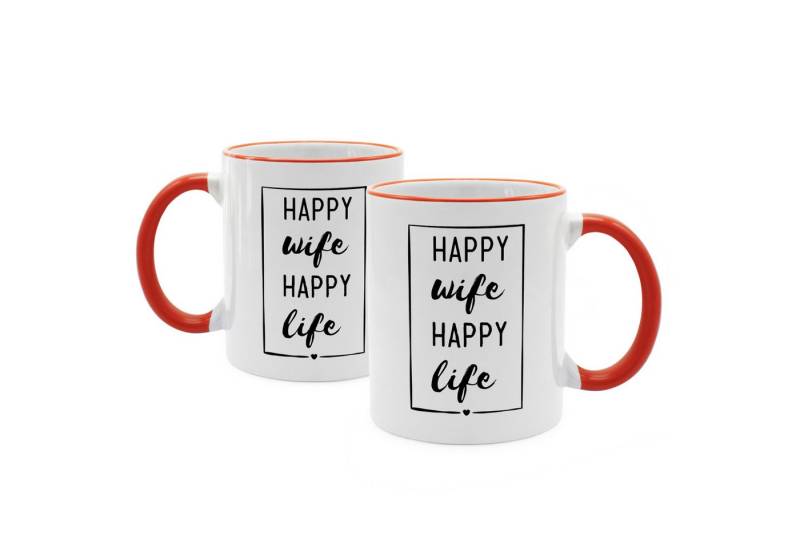 PhotoFancy Tasse mit lustigem Spruch 'HAPPY wife HAPPY life' - Sprüchetasse, Tasse Standard - Henkel & Rand: Orange von PhotoFancy