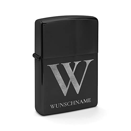 PhotoFancy - Zippo mit Gravur selbst gestalten - Personalisiertes Zippo mit eigenem Wunschtext oder Namen gravieren (Schwarz/Chrome) - Motiv: Initiale von PhotoFancy