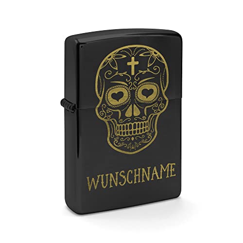 PhotoFancy - Zippo mit Gravur selbst gestalten - Personalisiertes Zippo mit eigenem Wunschtext oder Namen gravieren (Schwarz/Messing) - Motiv: Totenkopf von PhotoFancy