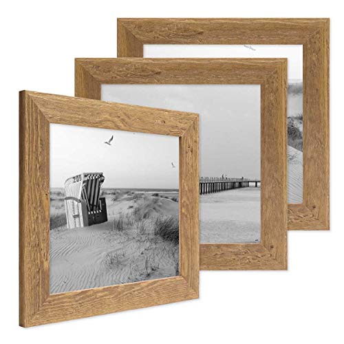 Bilderrahmen 15x15 cm Holz Eiche-Optik, 3er Set Echtholz-Rahmen rustikal, Strandhaus, Made in Germany, Echtglas, zum Aufhängen & Aufstellen, extra Zubehör - Treibholzlook mit einem Hauch Küstenflair von PHOTOLINI