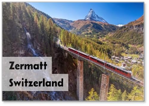 Zermatt, Schweiz, Bild der Schweizer Alpen mit Gornergrad, Touristenzug, Wasserfall und Matterhorn im Wallis, Kühlschrankmagnet Zermatt, Schweiz, Bild der Schweizer Alpen mit Gornergrad, Touristenzug, Wasserfall und Matterhorn im Wallis, Kühlschrankmagnet von Photomagnet