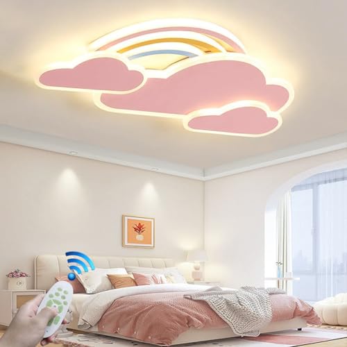 Kinderzimmerlampe LED Dimmbar Fernbedienung Deckenleuchte Mädchen Junge Schlafzimmer Deckenlamp Moderne Regenbogen Wolke Designer Pendelleuchte Wohnzimmer Esszimmer Bad Kronleuchter (52CM/45W, Rosa) von Phtlampes