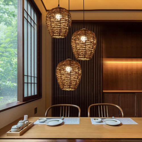 Kronleuchter E27 Retro Pendelleuchte Bambus Rattan Handgewebte Pendellampe Runden Holz Lampenschirm Höhenverstellbar Hängelampe Wohnzimmer Schlafzimmer Esszimmer Küche Deko Beleuchtung Deckenleuchte ( von Phtlampes