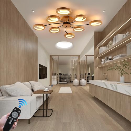 LED Deckenleuchte Holz Dimmbar Rund Deckenlampe Schlafzimmer mit Fernbedienung Bürodeckenleuchten Holzlampe Moderne Metall Blumendesign Schlafzimmerlampe Decke für Büro Küche Beleuchtung (Size : 8 he von Phtlampes