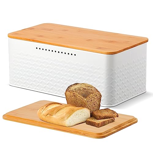 Phyllia Brotkasten, Metall Brotaufbewahrungsbehälter mit Bambusdeckel Nutzbar als Schneidebrett, Brotkastenhalter für Küchenarbeitsplatte, 33 x 17,8 x 13,5 cm (Weiß) von Phyllia