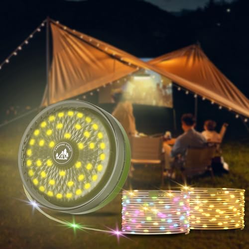 Phylosal Camping Lichterkette Aufrollbar, Wasserdicht-Langlebig, 2 in 1 Lichterkette mit 6 Beleuchtungsmodi, 4000mAh USB Wiederaufladbare Außenlichterketten, Campinglampe für Garten Häuser Dekoration von Phylosal