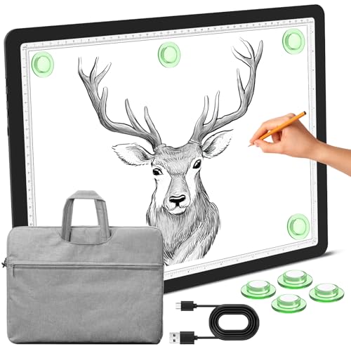 Phylosal Magnetisches A3-Lichtpad mit Tasche, Superhelle Leuchtbox mit Seitentaste, Diamant-Kunst-Lichttafel, Lightbox zum Nachzeichnen und Zeichnen, USB-Power-Lichttisch zum Skizzieren, Jäten von von Phylosal