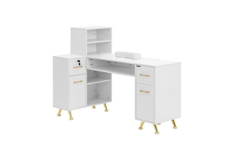 Physa Schminktisch Nageltisch Weiß Gold abschließbar 2 Schubladen Regale Handablage, Golden, Weiß von Physa