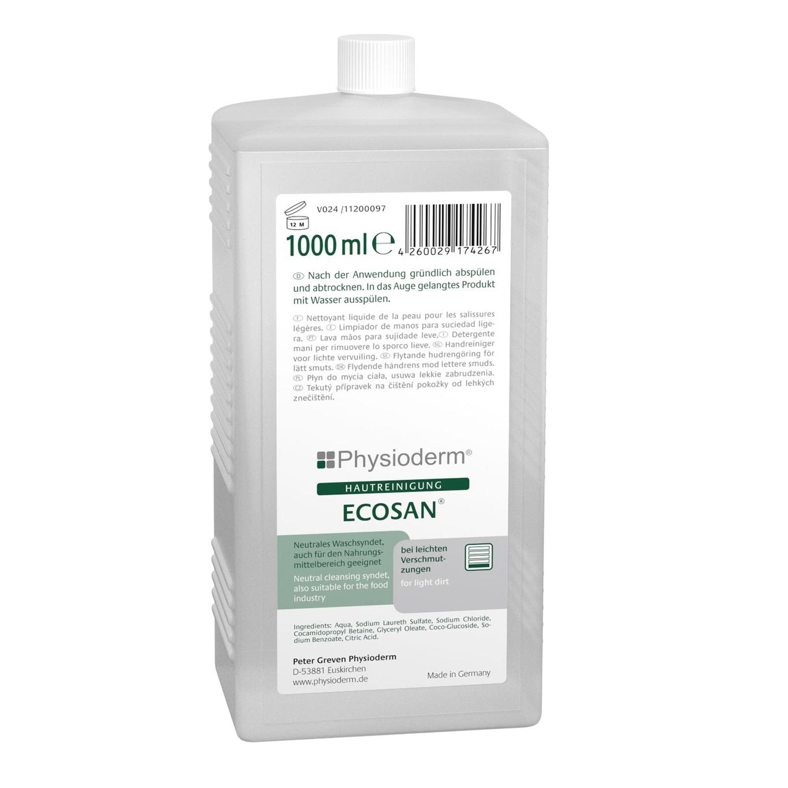 PHYSIODERM Handreiniger Ecosan, Handwaschlotion, für leichte Verunreinigungen Inhalt:1 Liter Hartflasche von Physioderm