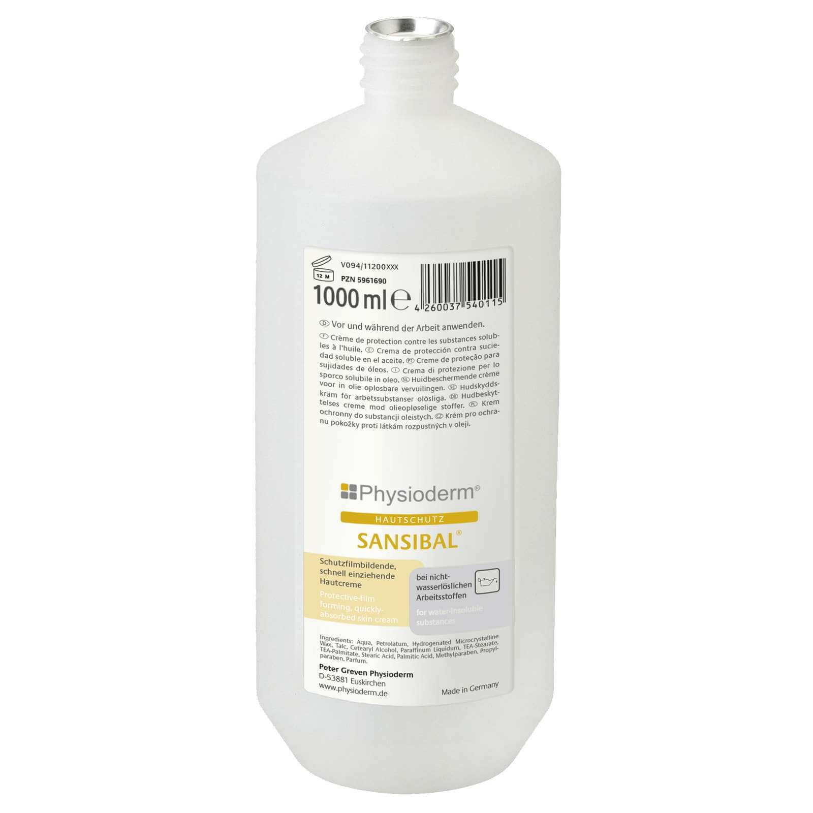 PHYSIODERM Handschutzcreme Sansibal 1L - Hautcreme Creme schützt vor Öl und Fett Inhalt:1 Liter Rundflasche von Physioderm