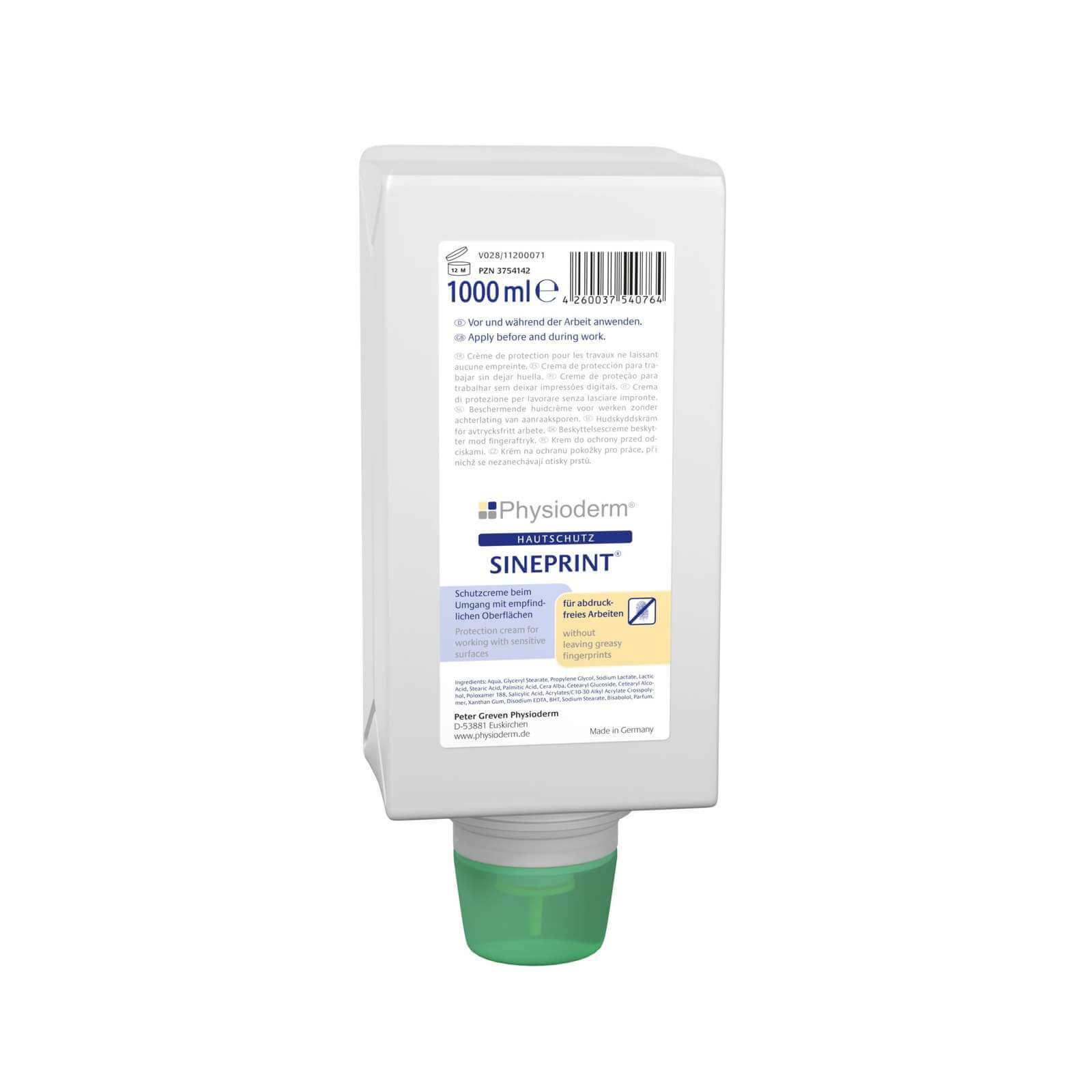 PHYSIODERM Handschutzcreme Sineprint, Hautcreme, Creme, Schutz vor Fettabdrücken Inhalt:1 Liter Varioflasche von Physioderm