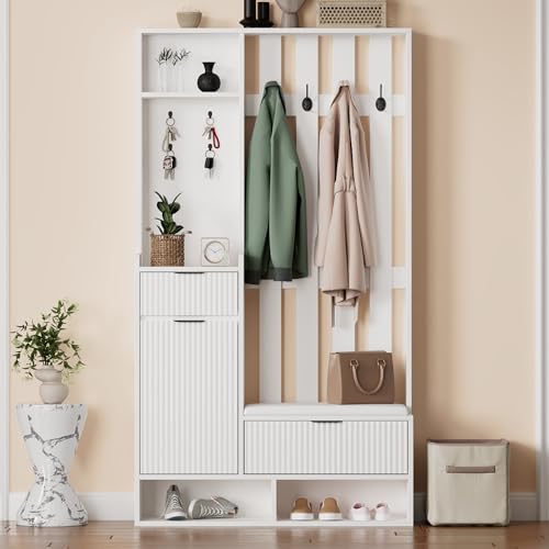 Physport 100 * 30 * 180cm Garderobenständer 6-in-1, mit 8 Haken, Schuhbank und Ablagen, Kippschutz,Kompaktgarderoben Mit Schubladen und Schränken,100cm breit,Schuhschrank, weiß von Physport