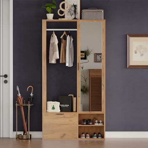 Physport 100 * 33 * 190cm garderobenschränke mit Flur,6-in-1-Eingangsschrank, zum Aufhängen von Mänteln,Flurschrank mit Wäscheständer,Garderobenschrank und Spiegel,Schrank mit unterer Tür,Holzfarbe Physport 100 * 33 * 190cm garderobenschränke mit Flur,6-in-1-Eingangsschrank, zum Aufhängen von Mänteln,Flurschrank mit Wäscheständer,Garderobenschrank und Spiegel,Schrank mit unterer Tür,Holzfarbe von Physport