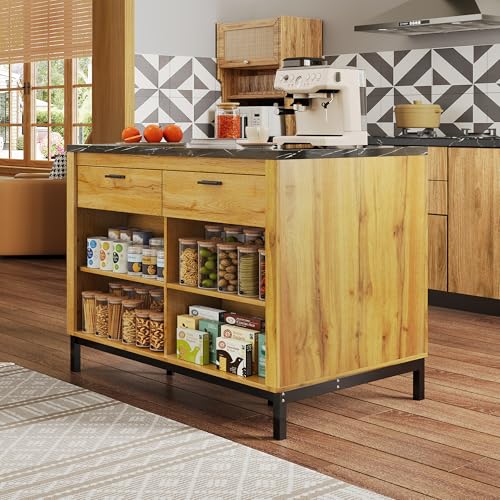 Physport 120×75×90cm, Kücheninsel im Landhausstil – Kücheninsel mit 2 Schubladen und 4 offenen Regalen, Eichenholzmaserung, schwarzer Marmor-Arbeitsplatte, Metallgestell, Rückseite mit Barbereich von Physport