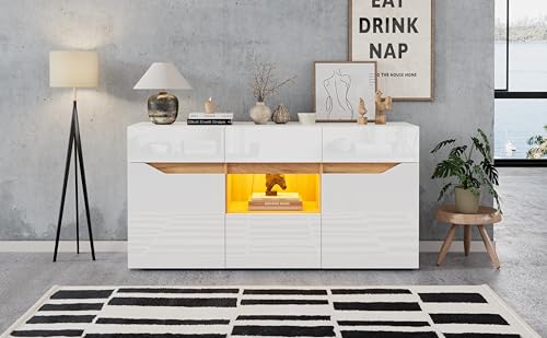 Physport 140 * 40 * 70cm Wohnzimmeranrichte,Sideboards Mit 4 Schubladen,Schrank mit Zwei Fächern,breite grifflose Kommode,Hochglanz-Sofa-Beistellschrank mit LED-Beleuchtung,Weiß + Holzfarbe Physport 140 * 40 * 70cm Wohnzimmeranrichte,Sideboards Mit 4 Schubladen,Schrank mit Zwei Fächern,breite grifflose Kommode,Hochglanz-Sofa-Beistellschrank mit LED-Beleuchtung,Weiß + Holzfarbe von Physport