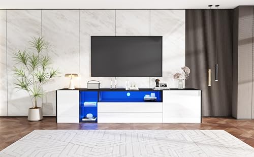 Physport 180 x 40 x 45 cm TV-Standschrank, Hochglanz-LED-Lowboard-TV-Schrank, TV-Ständer mit 2 Schubladen und 2 Schränken, geeignet für 75-Zoll-Fernseher, schwarz-weißer Spleiß-TV-Schrank Physport 180 x 40 x 45 cm TV-Standschrank, Hochglanz-LED-Lowboard-TV-Schrank, TV-Ständer mit 2 Schubladen und 2 Schränken, geeignet für 75-Zoll-Fernseher, schwarz-weißer Spleiß-TV-Schrank von Physport