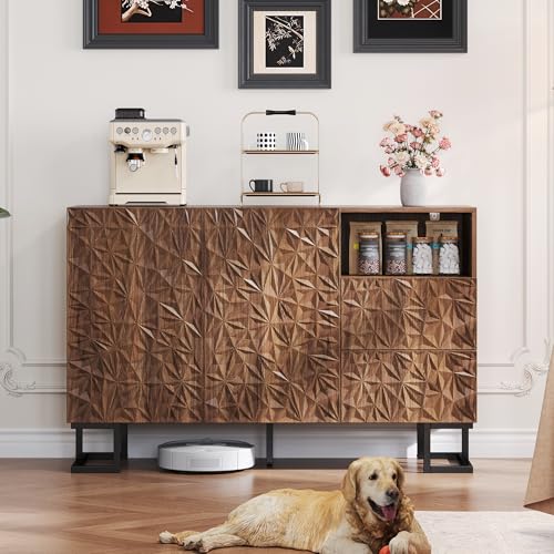 Physport Beistellschrank 120 × 40 × 78.5 cm – Blattpoesie Serie– Dunkle Walnussmaserung mit Blattrelief – Metallbeine, 2 Türen und 2 Schubladen – geeignet für Esszimmer, Wohnzimmer oder Flur von Physport