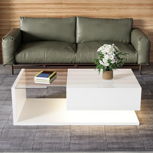 Physport Couchtisch, Hochglanz-Weiß. Beistelltische, Couchtische mit Glas und LED-Effekt von Physport
