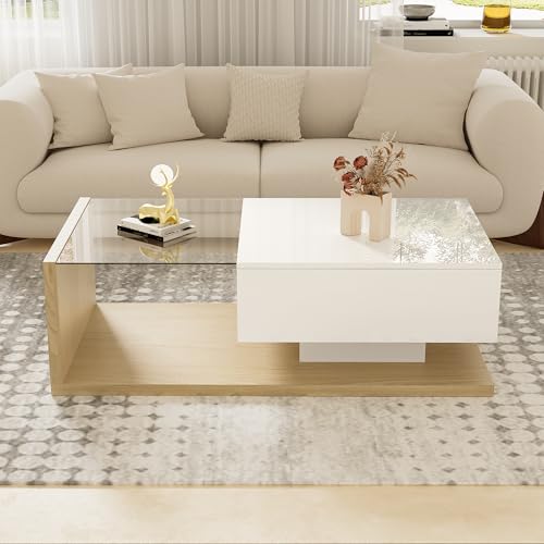 Physport Couchtisch in Hochglanzweiß und Holzfarbkombination. Beistelltische, Couchtische mit Glas und LED-Effekt von Physport