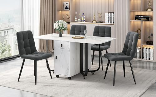 Physport Essgruppe,(Set,150×80×76cm Esstisch mit 4 Stühlen),Dunkelgrau Samt Esszimmerstühle, Polsterstuhl Design Stuhl mit Rückenlehne,MDF Tischplatte in Weißer,Schwarz Tischbeine von Physport