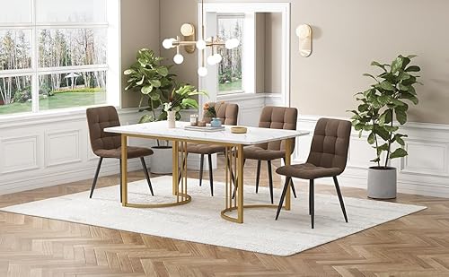 Physport Essgruppe (5-TLG),Esstisch mit 4 Stühlen Set, Moderner Küchentisch Set, 140×80cm Küchentisch mit Golden Metallbeinen, MDF Tischplatte in Weißer,Braun Samt Esszimmerstühle von Physport