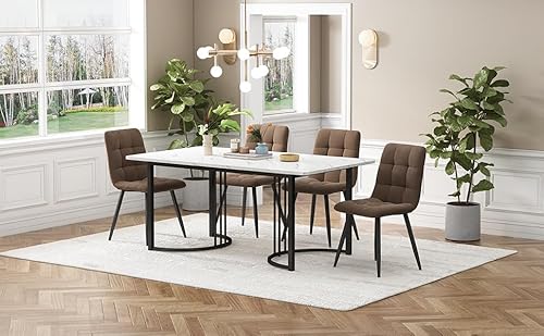 Physport Essgruppe (5-TLG),Esstisch mit 4 Stühlen Set, Moderner Küchentisch Set, 140×80cm Küchentisch mit Schwarz Metallbeinen, MDF Tischplatte in Weißer,Braun Samt Esszimmerstühle von Physport
