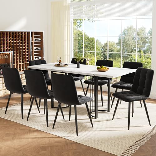 Physport Essgruppe (9-TLG), Ausziehbares Esstischset für 8 Personen,140×80 Esstisch mit 8 Esszimmerstühlen,Gestell aus Metall Rechteckiger, Esstischstühle aus schwarzem Samt, Esszimmer-Set von Physport