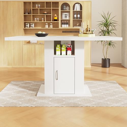 Physport Esstisch (140×75×75 cm), mit Stauraum, platzsparender Küchentisch, dreistufiger Stauraum-Esstisch für Küche und Wohnzimmer, Marmorplatte, weiß von Physport