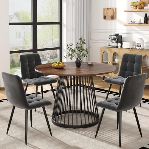 Physport Esstisch-Set (5-teilig), mit 4 Stühlen, Modernes Küchen-Esstisch-Set, runder Küchentisch mit 80 cm Durchmesser und schwarzen Metallbeinen, Walnussfarbener MDF-Platte,Samtstühle von Physport