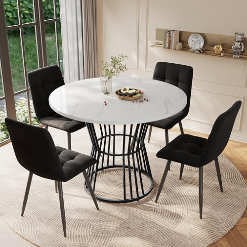Physport Esstisch-Set (5-teilig),Esstisch-Set mit 4 Stühlen, Küchentisch-Set,runder Esstisch mit 100 cm Durchmesser und schwarzen Metallbeinen,weiße MDF-Tischplatte,Esszimmerstühle aus schwarzem Samt von Physport