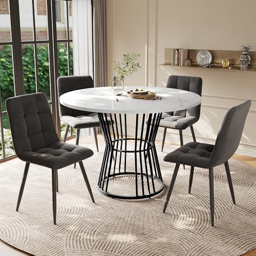 Physport Esstisch-Set (5-teilig),Esstisch-Set mit 4 Stühlen,Küchentisch-Set,runder Esstisch mit 100 cm Durchmesser und schwarzen Metallbeinen,weiße MDF-Tischplatte,Esszimmerstühle aus dunkelgrau Samt von Physport