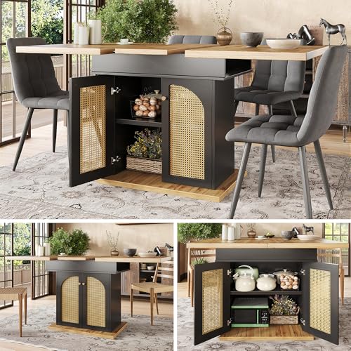 Physport Esstisch Teleskoptisch(110-140×80cm), klappbarer Küchentisch für 4-6 Personen, Ausziehbarer Esstisch,platzsparender Küchentisch,für Küche und Wohnzimmer,Tisch mit PE Rattan-Schranktüren von Physport