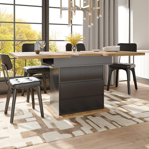 Physport Esstisch Teleskoptisch(110-140×80cm),klappbarer Küchentisch für 4-6 Personen, Ausziehbarer Esstisch,platzsparender Küchentisch,für Küche und Wohnzimmer,mit DREI Ablageebenen,Schwarz von Physport