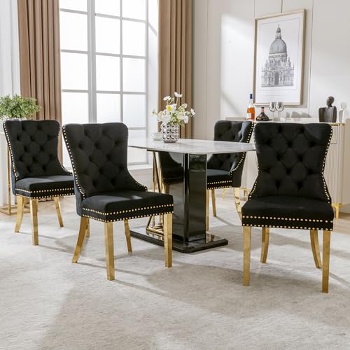 Physport Esszimmerstuhl (Küchenstuhl Wohnzimmerstuhl mit einzigartigem Runde Zugringe auf der Rückseite, 4 STS), Stützbeine aus vergoldetem Edelstahl, Samt,Schwarz/Gold von Physport