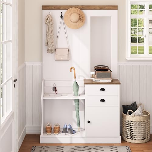 Physport Garderobenset mit Spiegel, Haken, Schubladen und Schirmständer, Vielseitiges Design, Praktische Aufbewahrung, 110.5 L x 38 B x 191 H(cm), Weiß von Physport