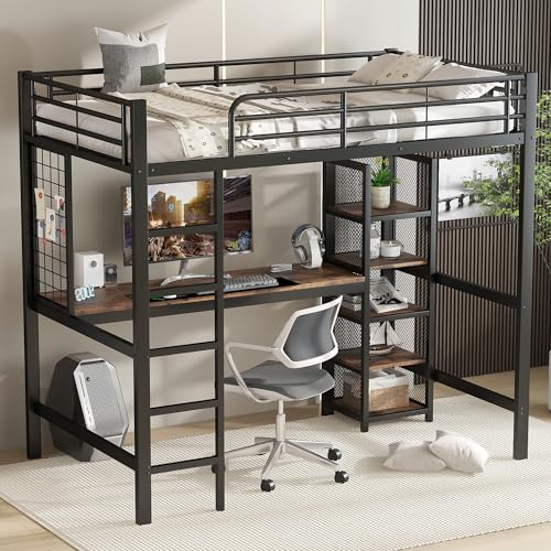 Physport Hochbett, Eisenbett, Eisen + MDF, Mit Tisch und Regalschrank mit mehrfachen Ablageebenen, mit Metallgitter ausgestattet, stabile Geländer und Leiter, Schwarz + dunkle Holzfarbe, 90x200cm Physport Hochbett, Eisenbett, Eisen + MDF, Mit Tisch und Regalschrank mit mehrfachen Ablageebenen, mit Metallgitter ausgestattet, stabile Geländer und Leiter, Schwarz + dunkle Holzfarbe, 90x200cm von Physport